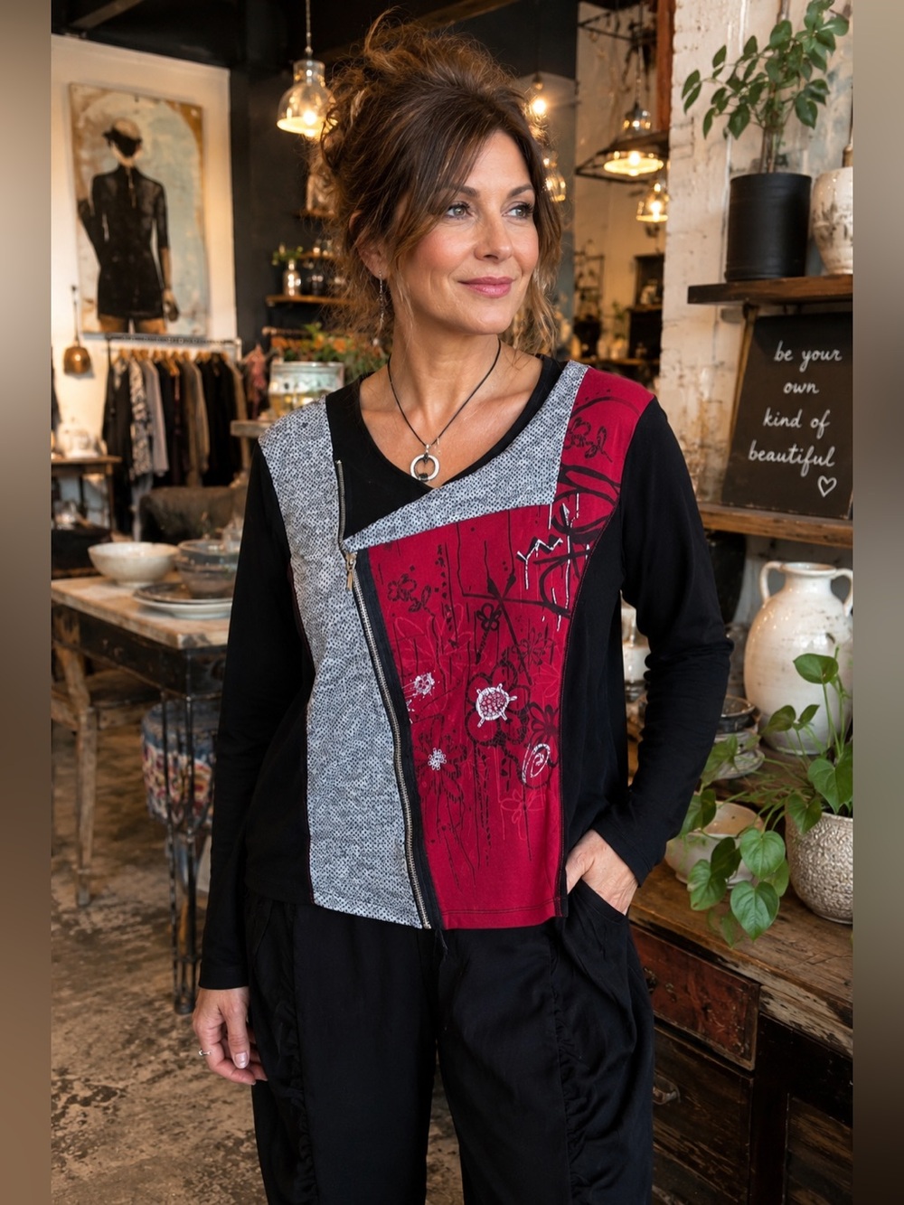 Armand Thiery Artsy Zip Accent Top XL Black Red Avant Garde Art To Wear